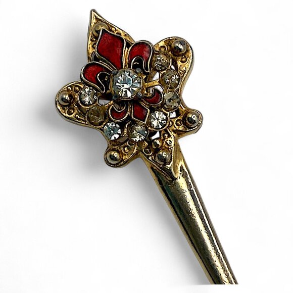 Vintage Ornate Key Brooch Red Enamel Rhinestones 2.5" Victorian Revival - Picture 3 of 3